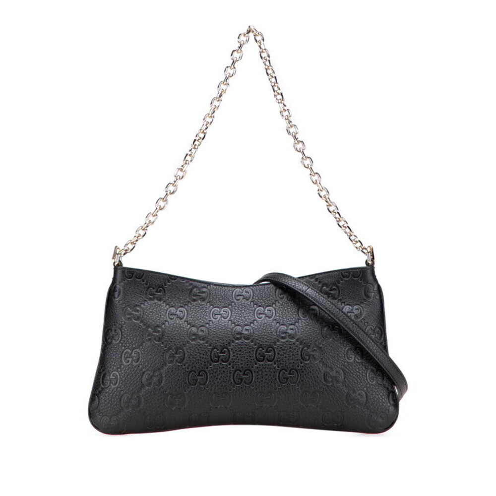 Gucci GG Emblem Chain Handbag Shoulder Bag Black Leather